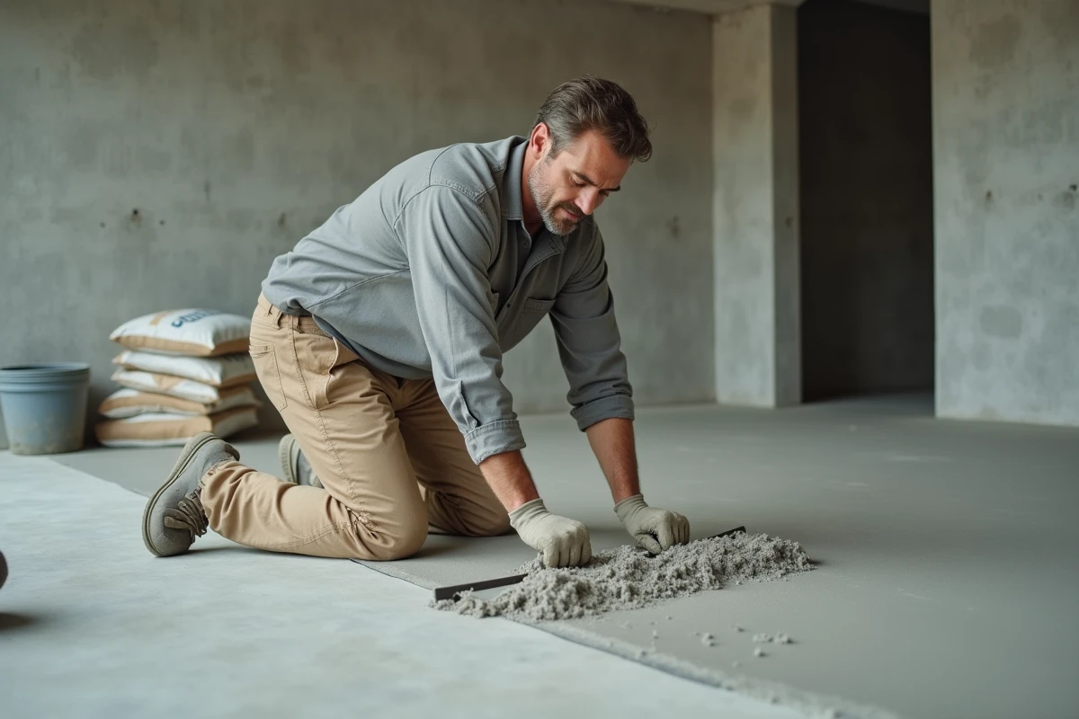 Ouvrier du bâtiment appliquant un ragréage autonivelant sur un sol en béton avant la pose d'un stratifié