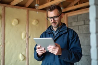 Artisan RGE consultant un devis de rénovation énergétique sur tablette devant un mur isolé