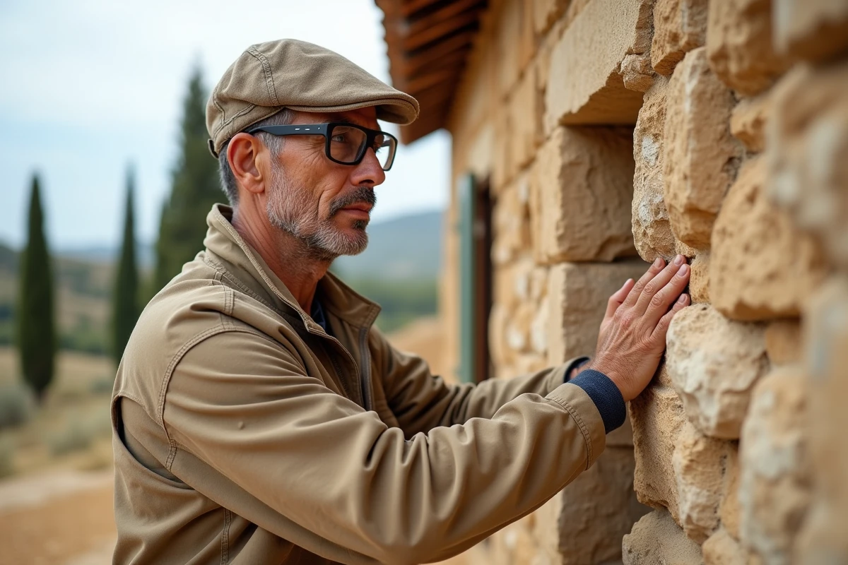 Artisan inspectant la façade en pierre d'une maison traditionnelle occitane lors d'un diagnostic de rénovation globale