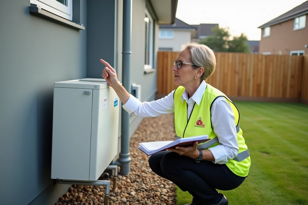 Auditrice énergétique inspectant une pompe à chaleur lors d'une rénovation énergétique