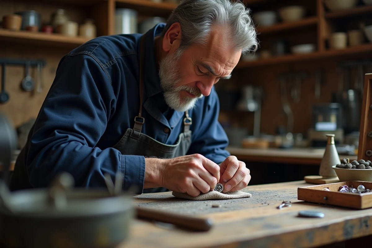Bijoutier professionnel polissant une bague en argent avec pierre transparente à l'aide d'un chiffon doux dans son atelier artisanal