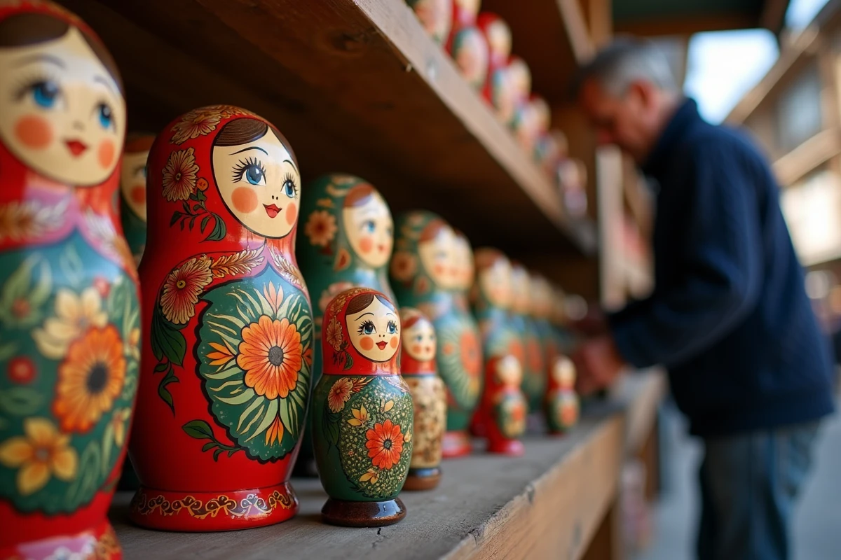 Étagère de boutique artisanale russe avec des matriochkas authentiques peintes à la main et leurs intérieurs emboîtés visibles