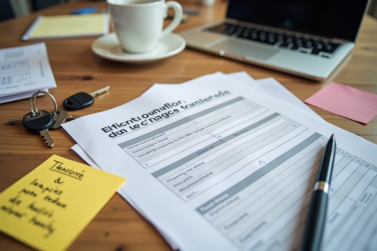 Vue de dessus d'un bureau avec formulaire de transfert EDF, clés d'appartement et notes de déménagement