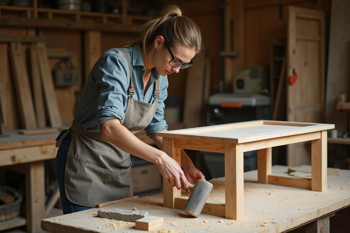 Ébéniste féminine coinçant une cale en bois dans un assemblage tenon et mortaise d'un cadre de table ancienne pour supprimer le jeu