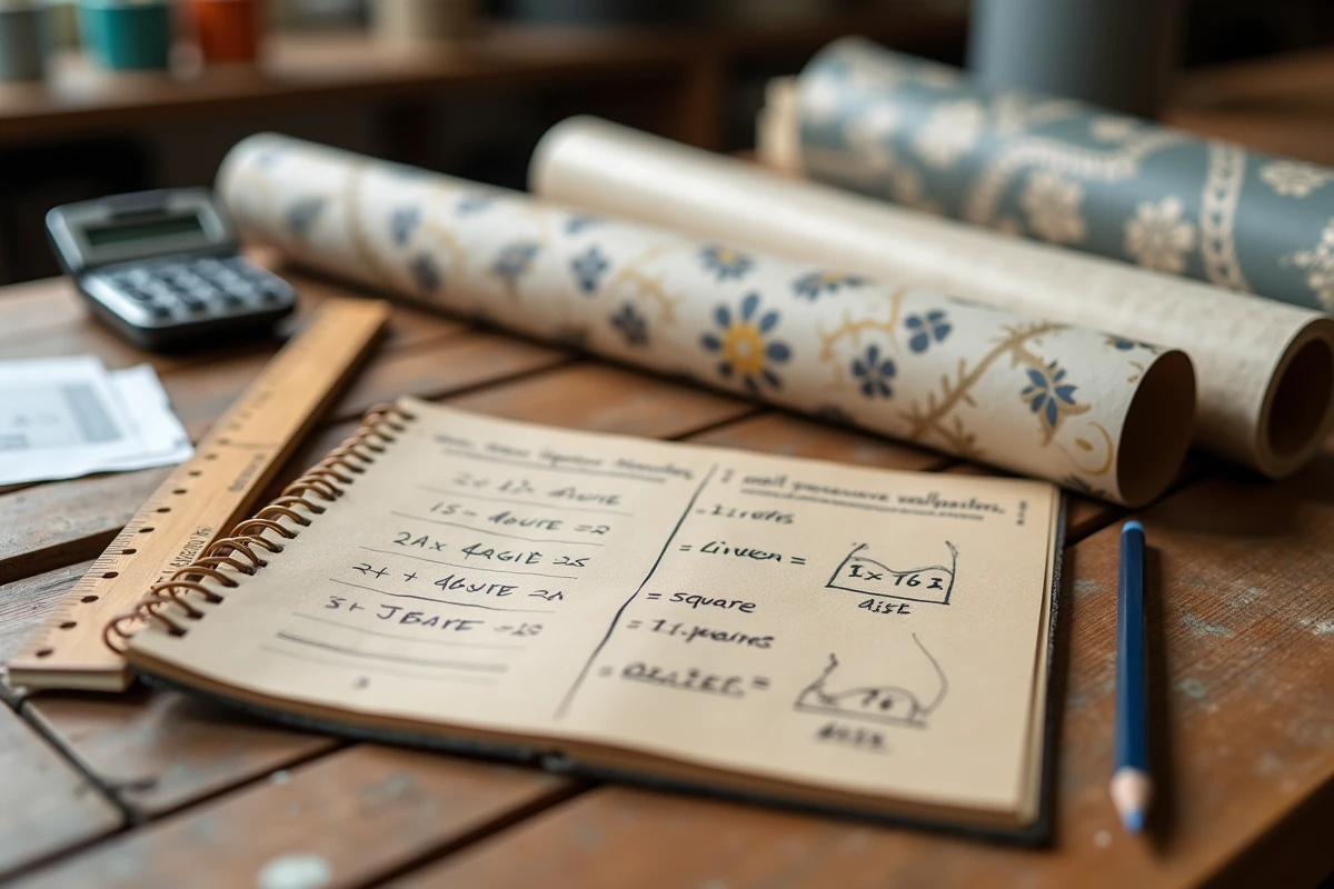 Calculs manuscrits de conversion mètres linéaires en m2 pour papier peint avec échantillons de rouleaux et règle en bois