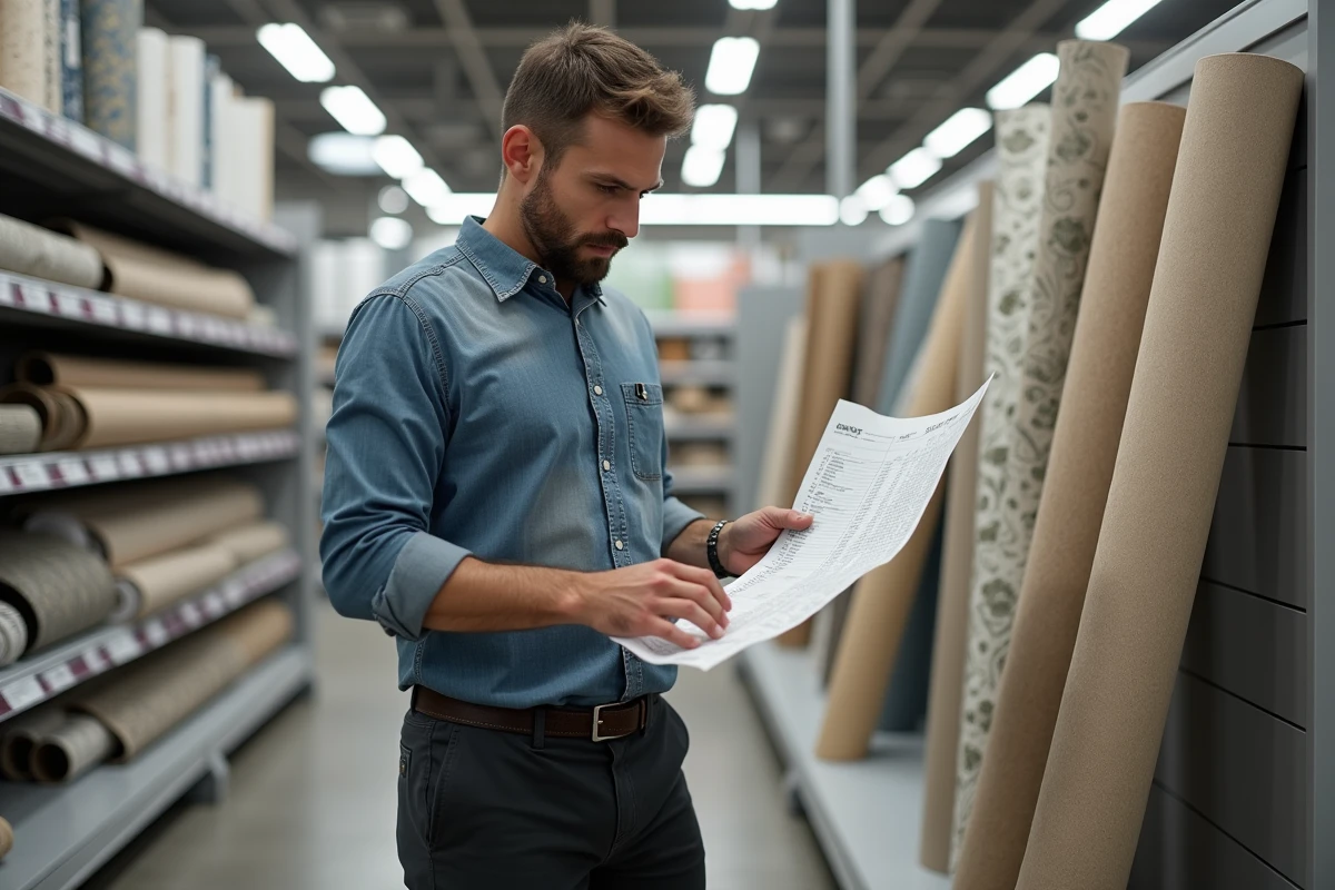 Homme comparant des rouleaux de papier peint en magasin de bricolage avec guide de calcul en mètres linéaires et m2