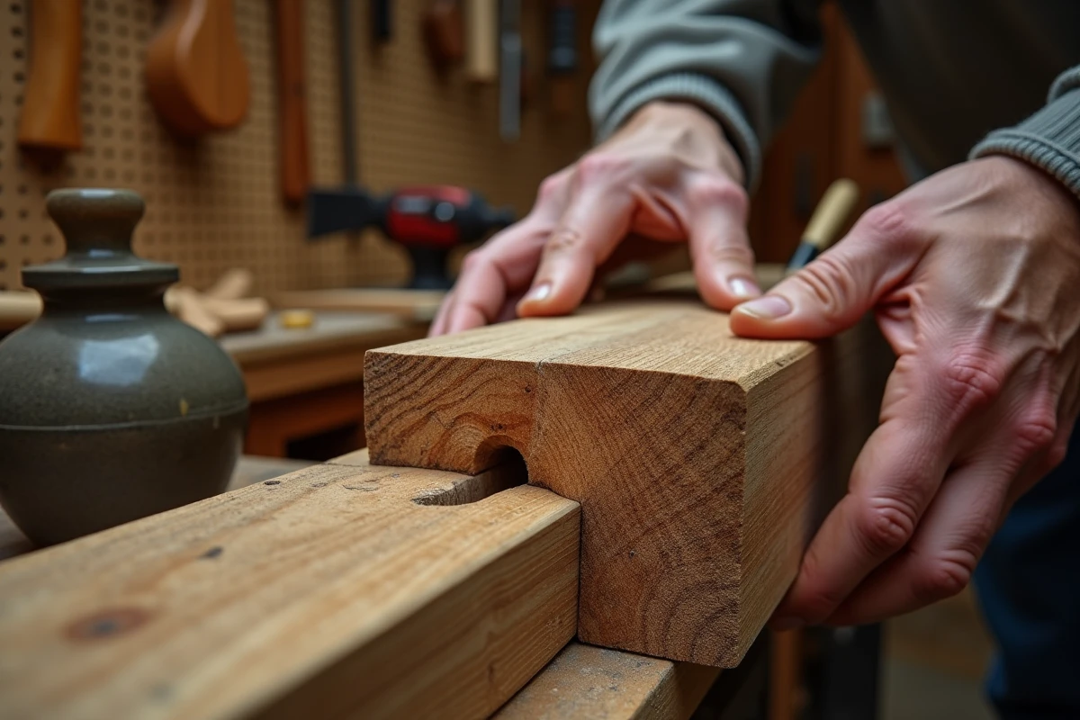 Application de colle à bois dans une mortaise ouverte pour consolider un assemblage tenon et mortaise désserti sur une pièce en chêne