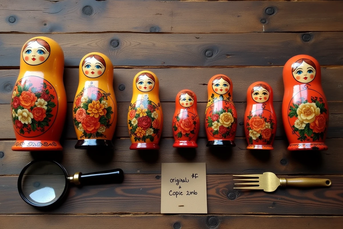 Vue de dessus comparant des matriochkas russes originales artisanales et des copies industrielles identiques sur une table en bois