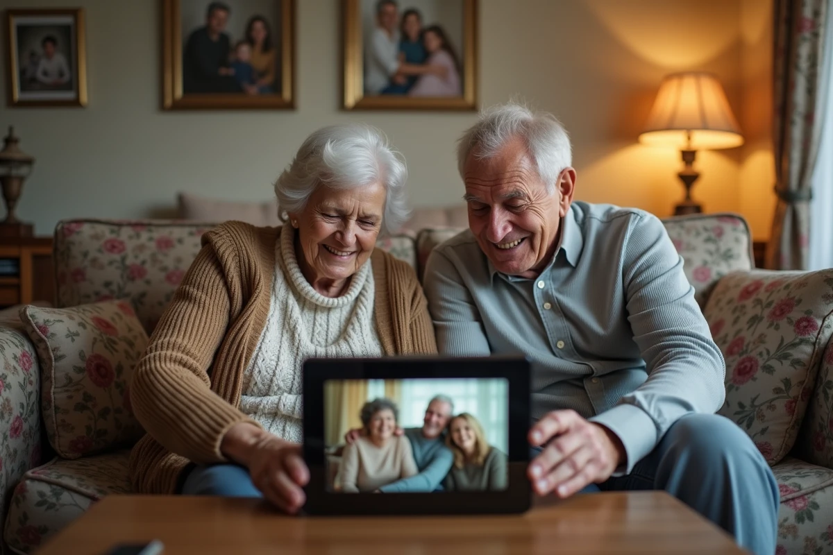 Couple de personnes âgées regardant ensemble un cadre photo numérique dans leur salon