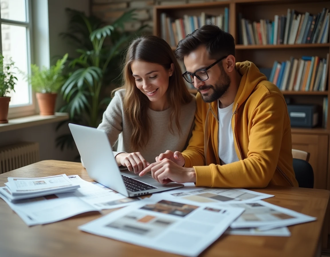 Couple comparant des offres de rénovation ensemble autour d'un ordinateur et de catalogues