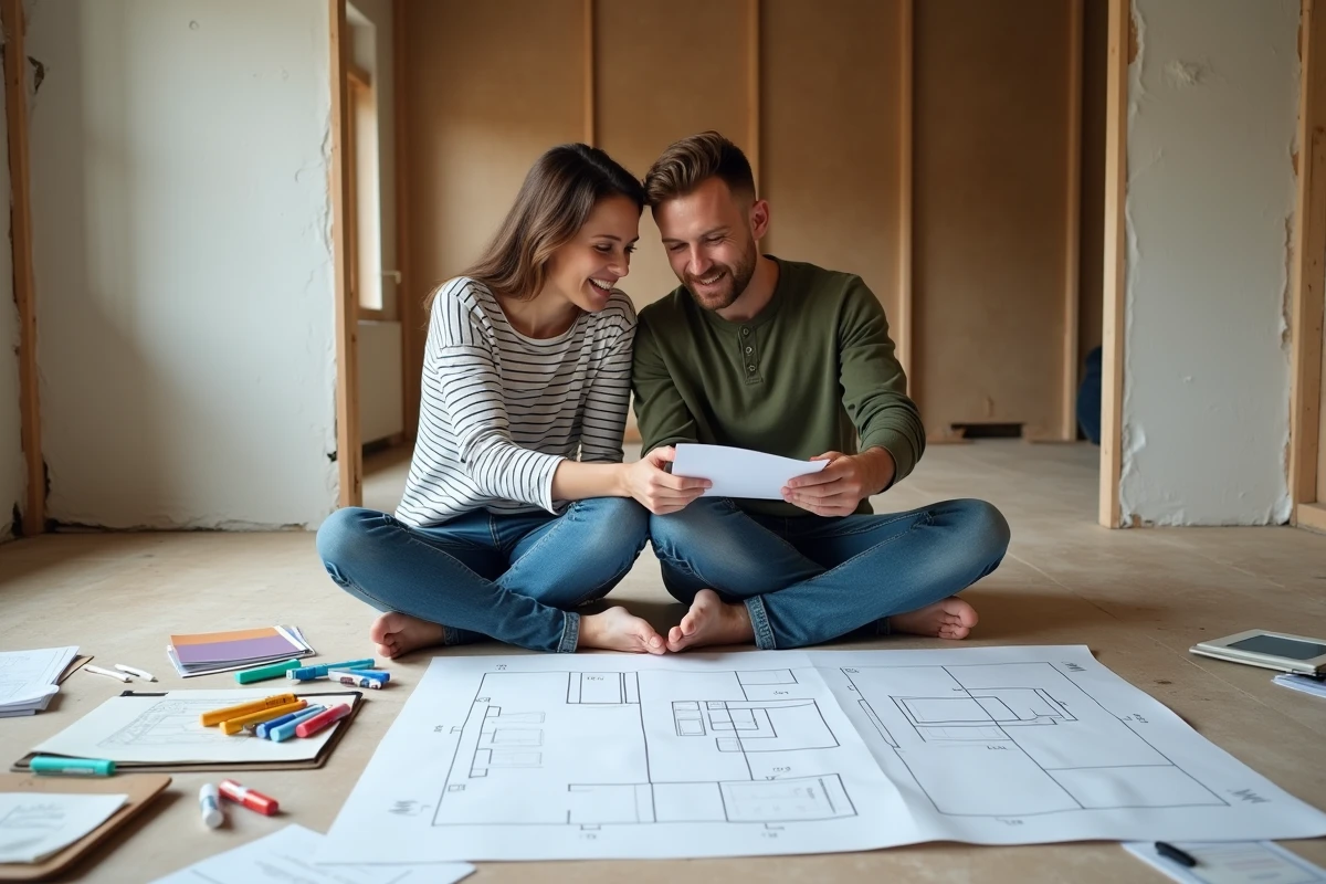 Couple élaborant des plans de rénovation maison sur du papier millimétré dans une pièce en travaux