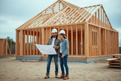 Un couple examine un plan architectural devant la charpente en bois d'une maison en première construction