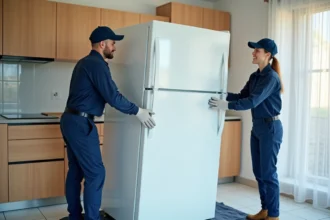 Deux déménageurs couchant un réfrigérateur sur le côté dans une cuisine moderne lors d'un déménagement