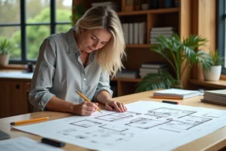 Femme dessinant des plans de maison à la main sur une grande table de travail en bois dans un bureau à domicile
