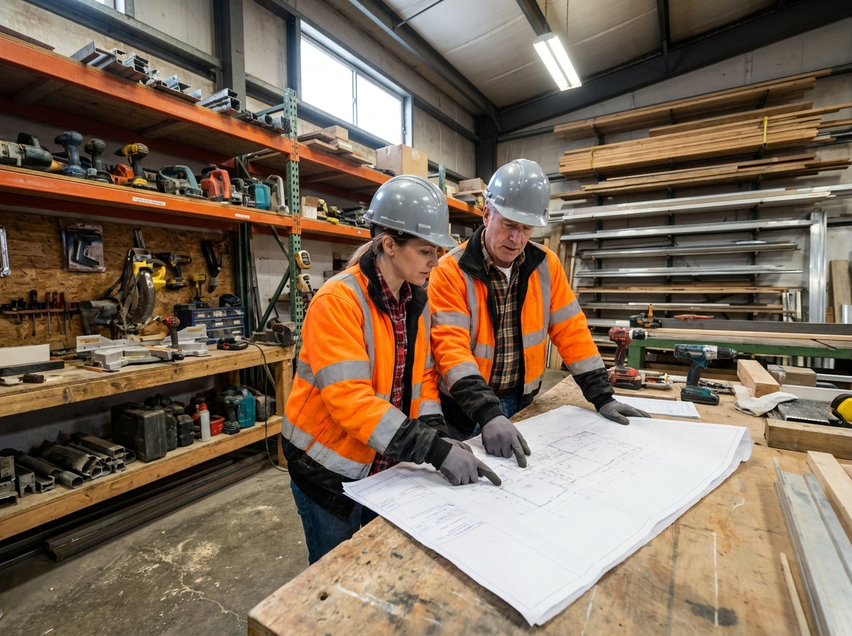 Équipe de rénovation CMS France analysant des plans techniques dans un atelier professionnel