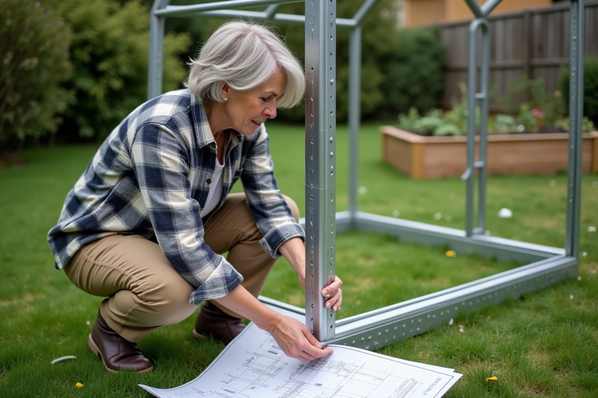 Femme assemblant une ossature de serre en tubes carrés en fer dans un jardin résidentiel