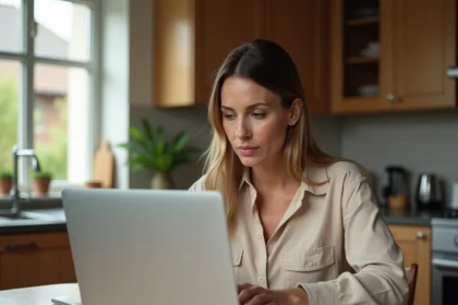 Femme comparant des devis de rénovation sur un ordinateur portable dans une cuisine moderne
