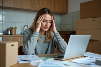 Femme stressée devant son ordinateur portable avec des documents de déménagement EDF éparpillés sur la table de cuisine