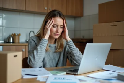 Femme stressée devant son ordinateur portable avec des documents de déménagement EDF éparpillés sur la table de cuisine