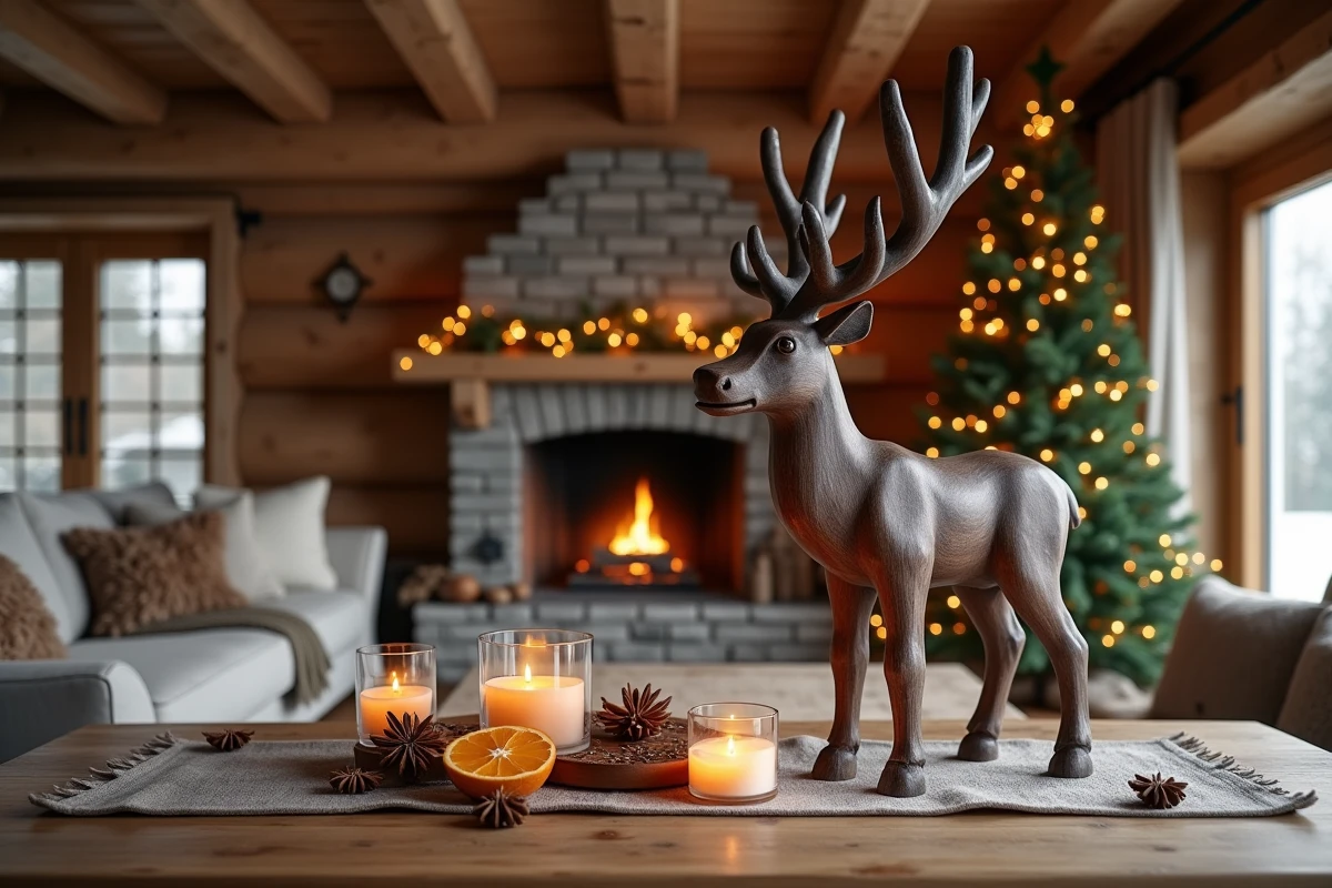 Grand renne décoratif en bois noyer posé sur l'âtre d'une cheminée dans un salon de chalet nordique décoré pour Noël