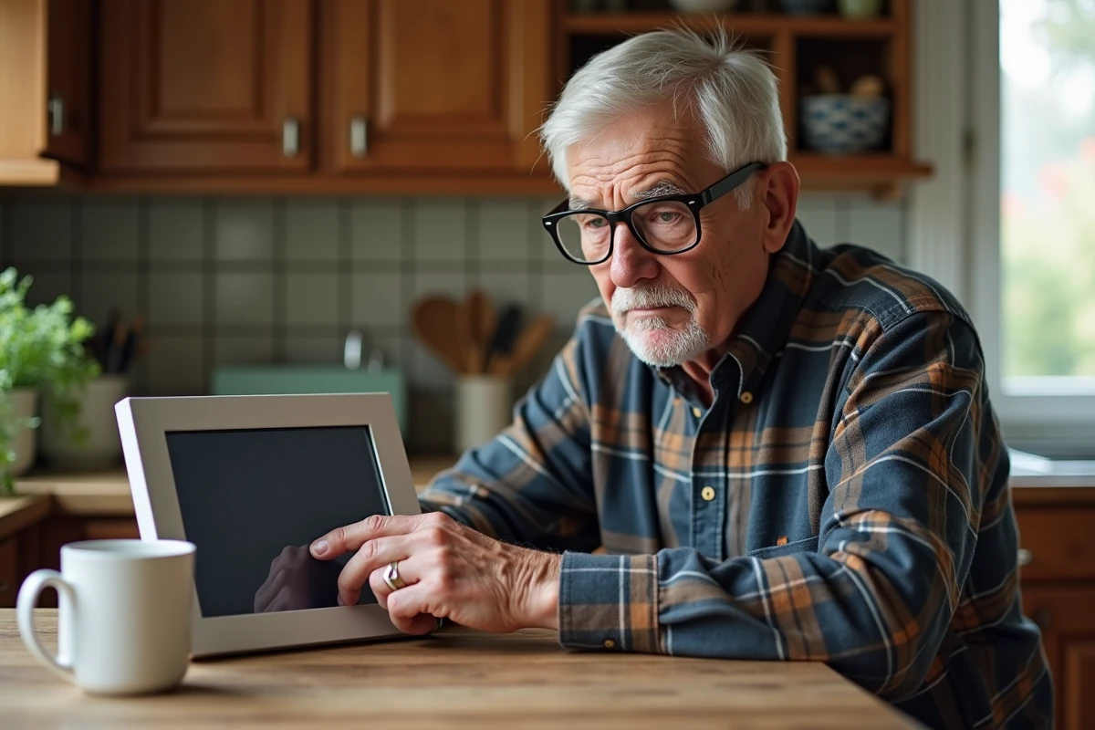 Homme âgé utilisant un cadre photo numérique simple dans une cuisine familiale