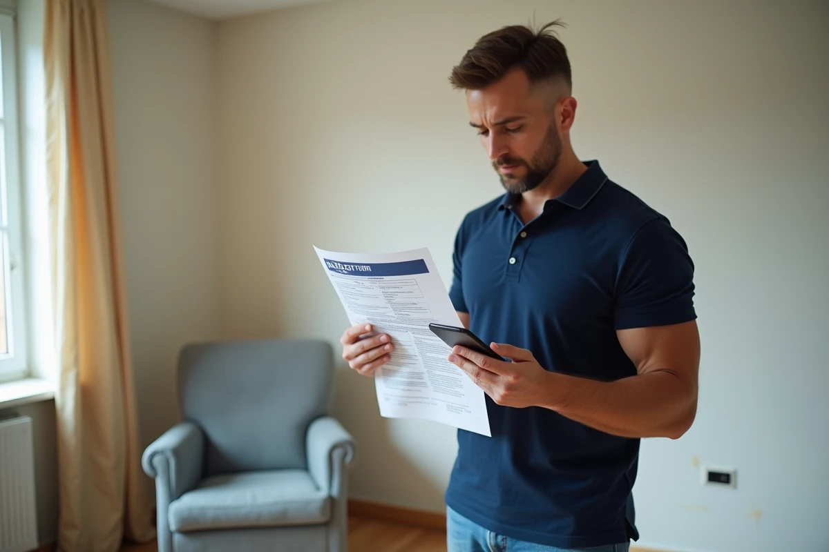 Homme tenant un contrat EDF et un smartphone dans un appartement en cours de déménagement