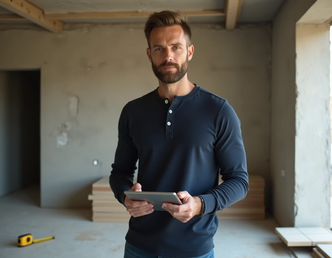 Homme consultant un comparateur de rénovation sur tablette dans un salon en travaux