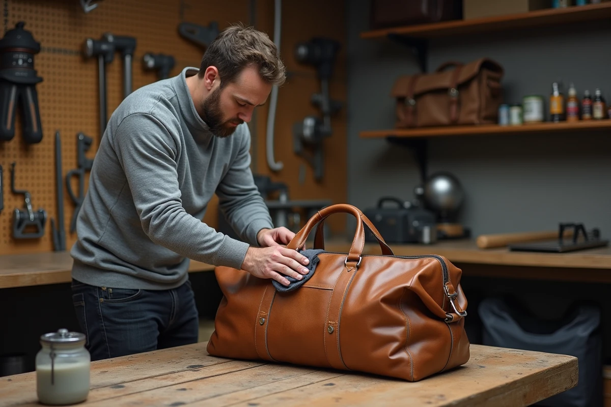 Homme appliquant de la cire imperméabilisante sur un sac de voyage en cuir dans un garage atelier