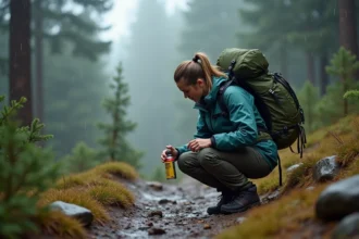 Femme appliquant un imperméabilisant en spray sur son sac à dos de randonnée sur un sentier de montagne humide