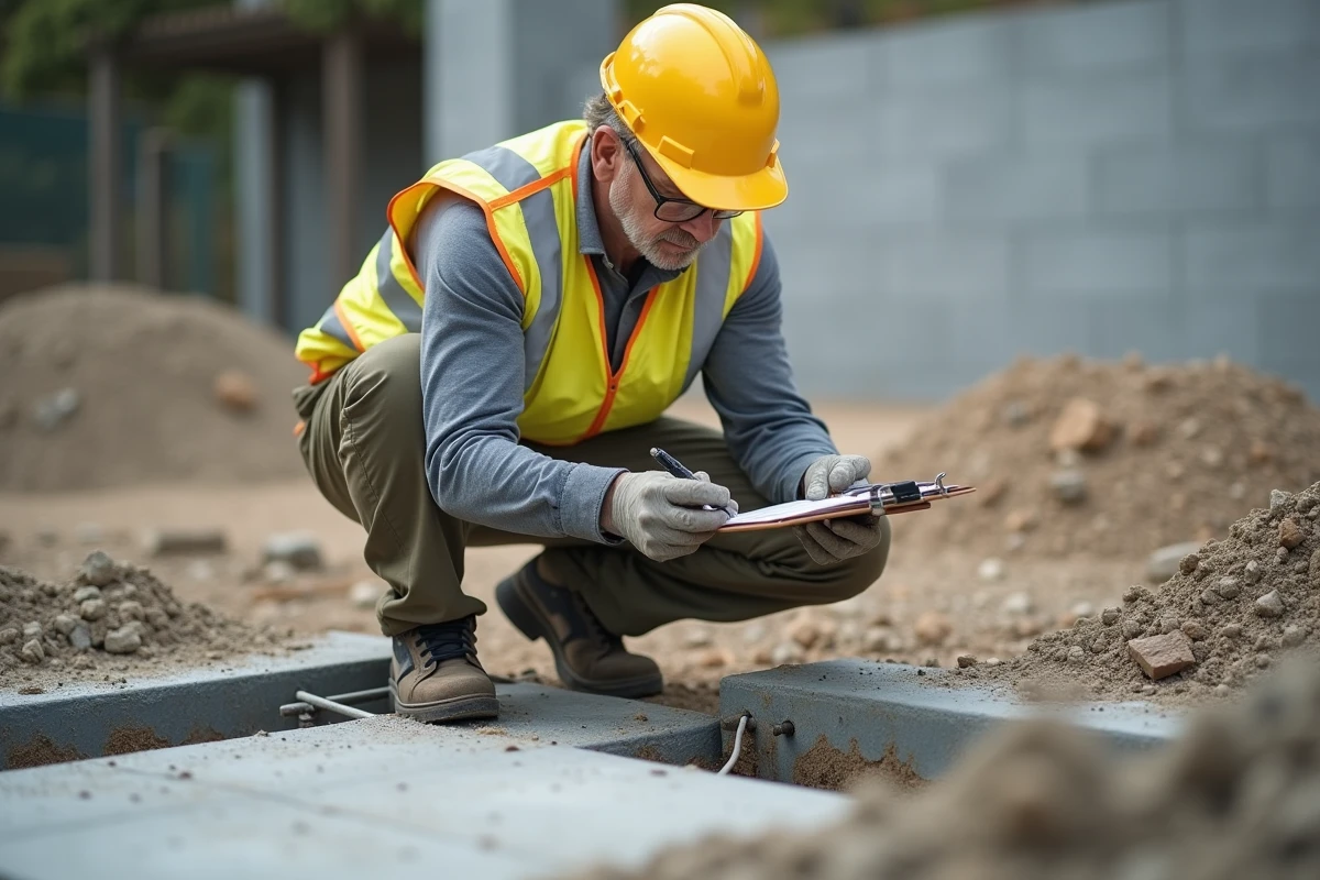 Un inspecteur en bâtiment vérifie les fondations en béton d'une nouvelle construction avec un clipboard