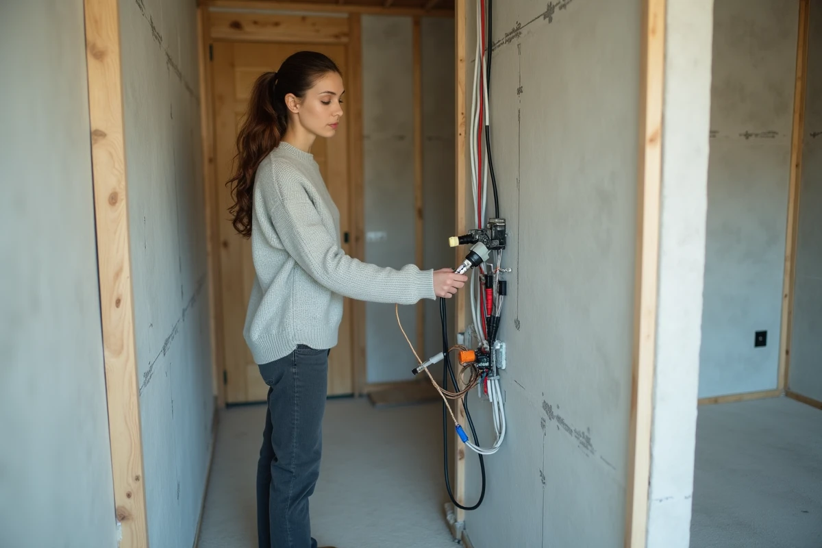 Une femme inspecte l'installation électrique sur un mur en placo d'une maison en cours de construction