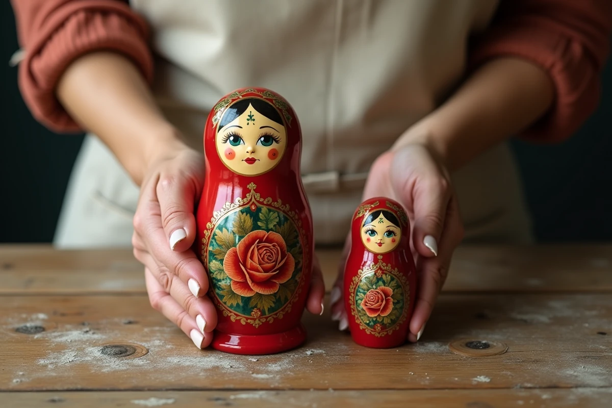 Mains tenant une matriochka russe artisanale peinte à la main, comparée à une copie industrielle sur une table en bois
