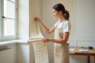 Femme mesurant un lé de papier peint botanique dans un appartement en rénovation avec mètre ruban et calculs manuscrits