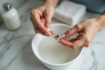 Mains de femme nettoyant une bague en argent avec pierre à l'aide d'une brosse souple au-dessus d'un bol d'eau savonneuse sur un plan en marbre