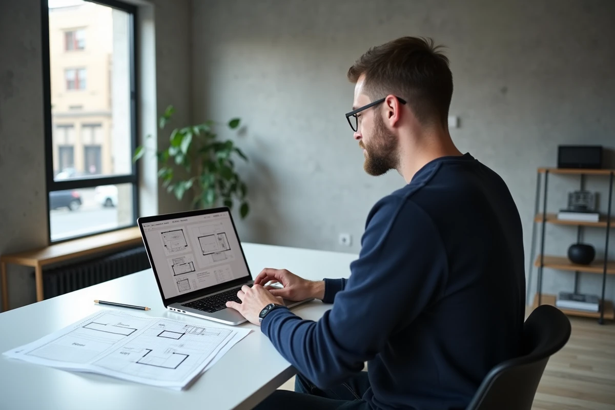 Homme utilisant un outil de planification en ligne et du papier quadrillé pour dessiner les plans de sa maison