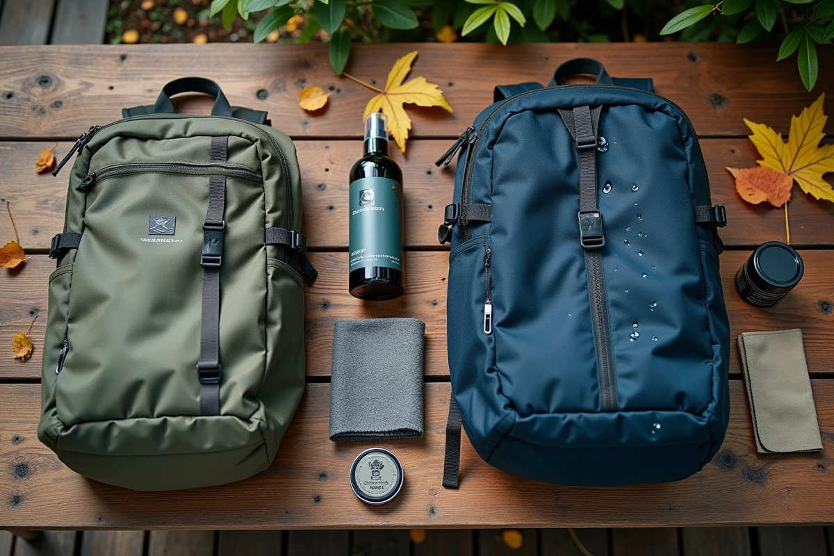 Vue à plat de produits imperméabilisants pour sacs à dos et bagages sur une table en bois avec démonstration de l'effet hydrofuge