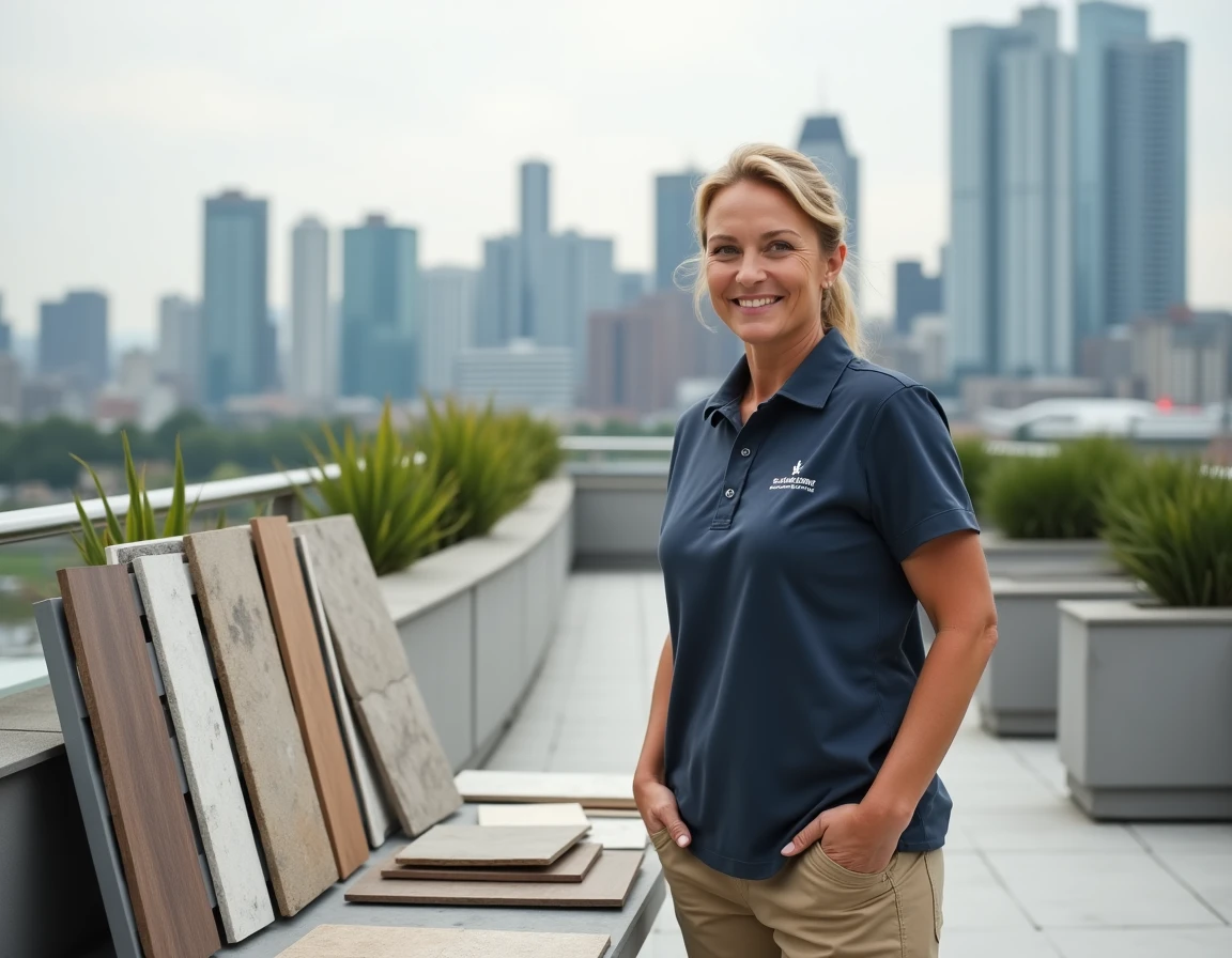 Professionnelle présentant des échantillons de matériaux pour terrasse avec tarifs au mètre carré en 2026