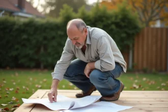Propriétaire examinant des devis pour la construction d'une terrasse en bois composite dans son jardin en automne