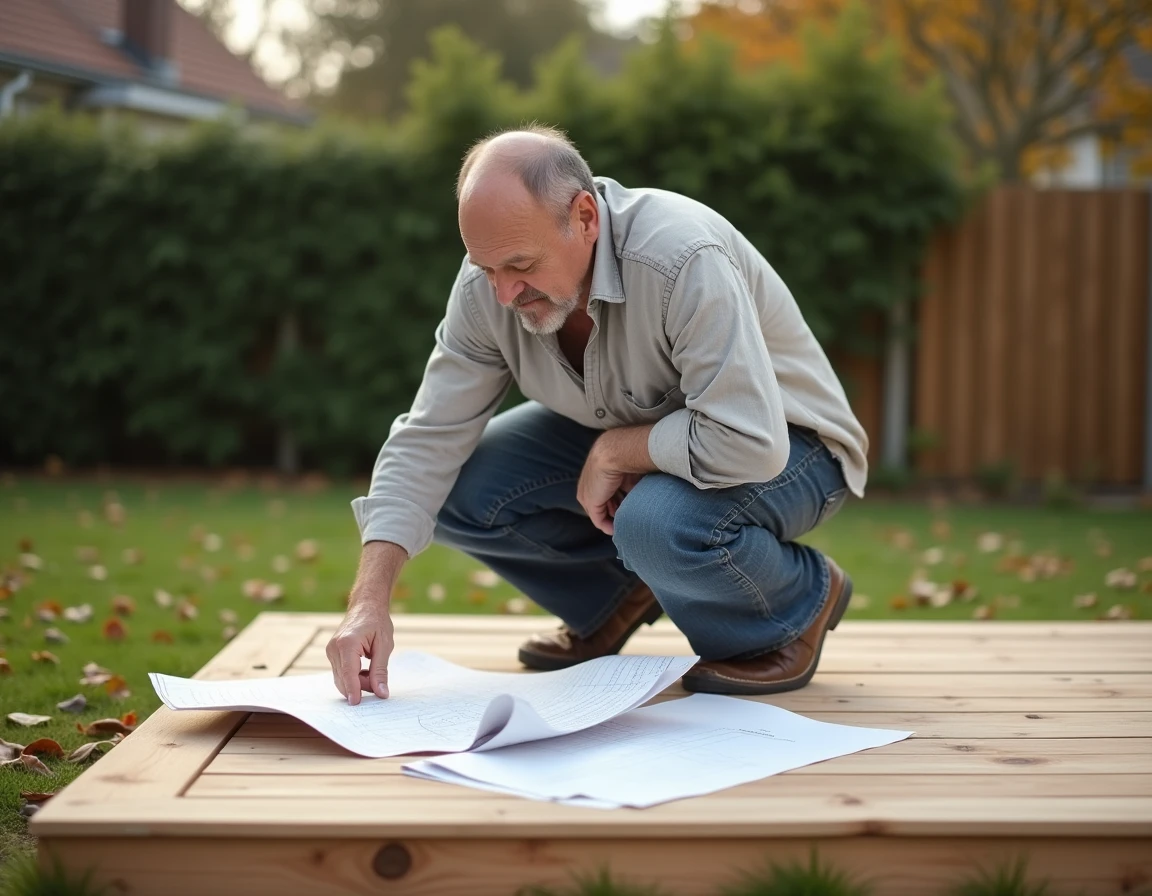 Propriétaire examinant des devis pour la construction d'une terrasse en bois composite dans son jardin en automne