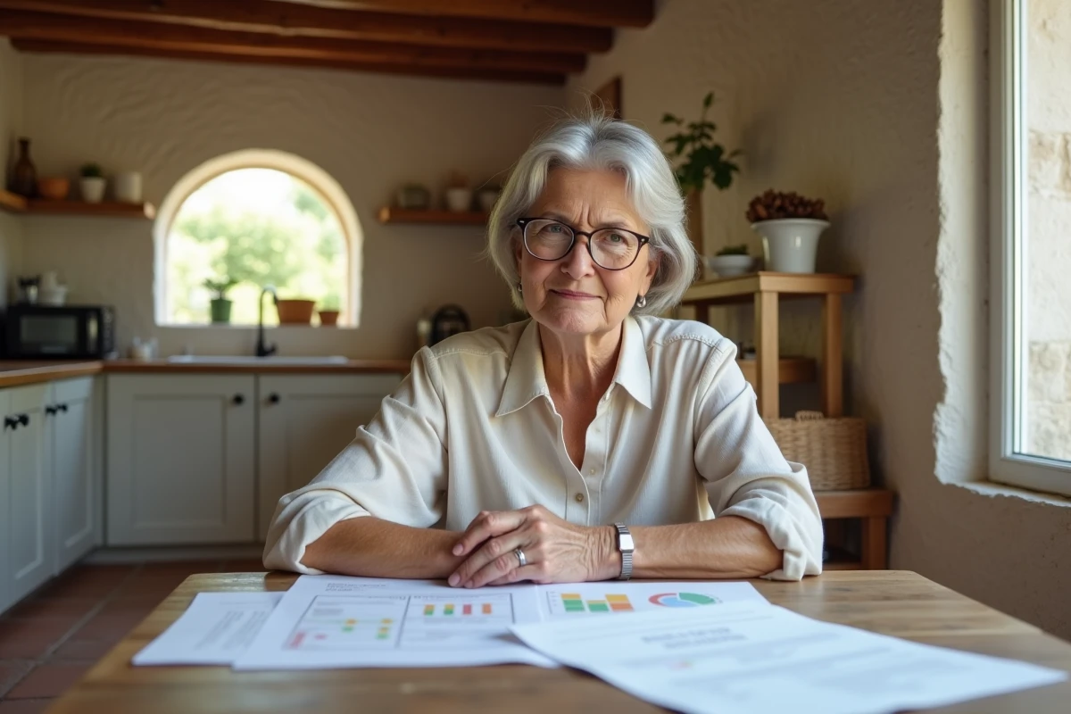 Propriétaire occitane étudiant un dossier de rénovation énergétique globale dans sa maison en pierre