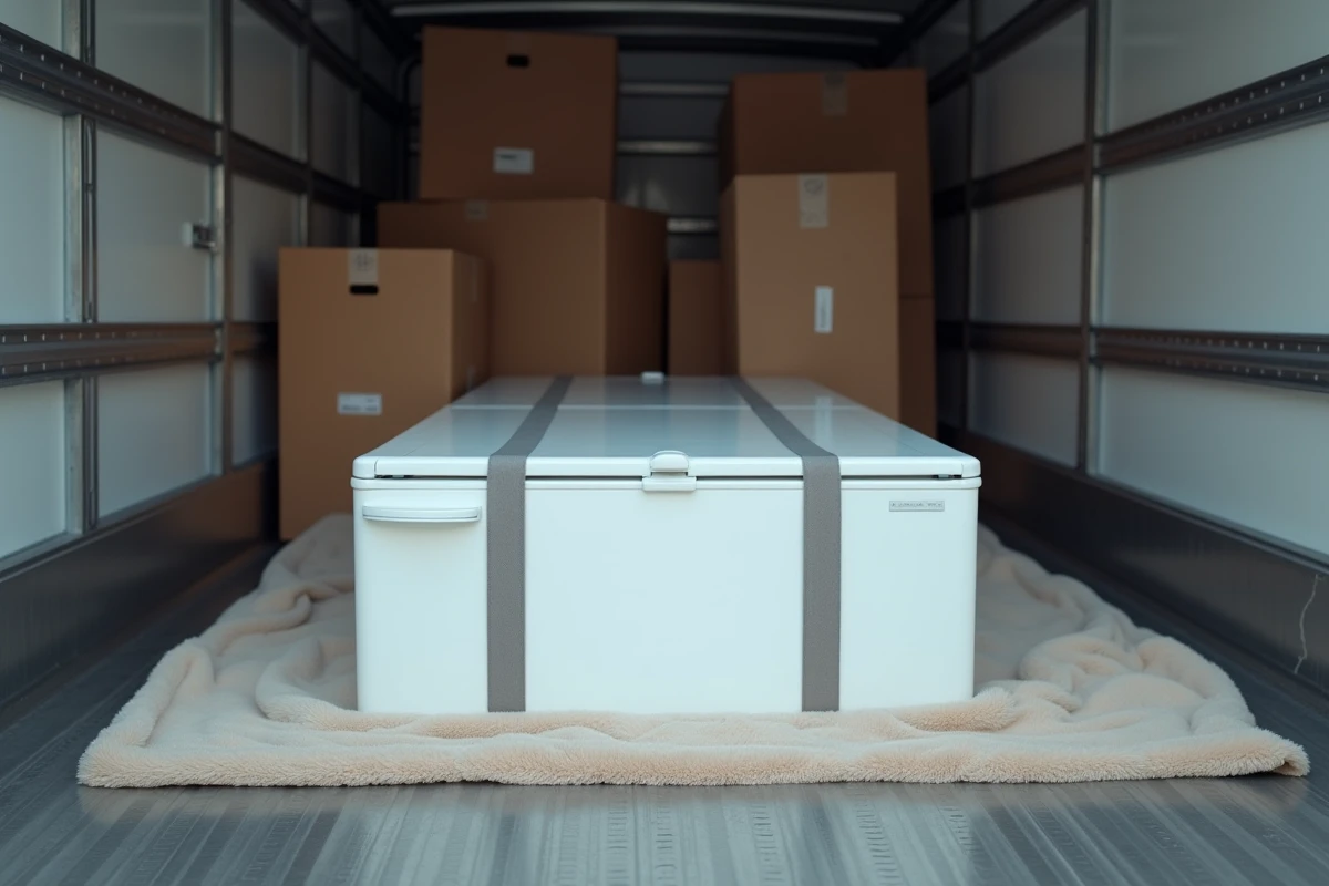 Réfrigérateur couché et sécurisé dans un camion de déménagement avec des sangles et des couvertures de protection