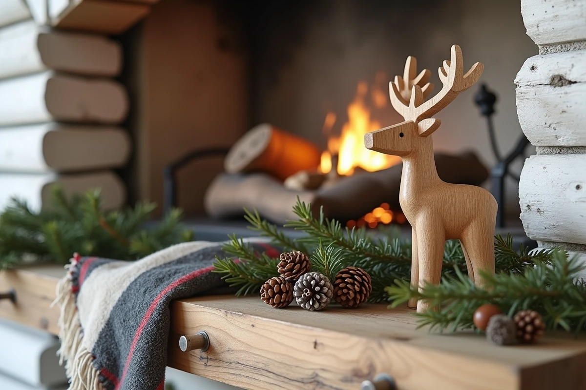 Décoration de renne en bois sculpté sur une étagère en pin rustique dans un chalet nordique avec branches de sapin et pommes de pin
