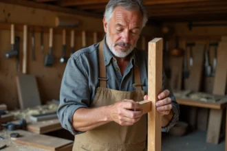Menuisier expérimenté inspectant un assemblage à tenon et mortaise desserti sur une patte de chaise en bois dans un atelier artisanal