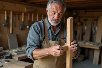 Menuisier expérimenté inspectant un assemblage à tenon et mortaise desserti sur une patte de chaise en bois dans un atelier artisanal
