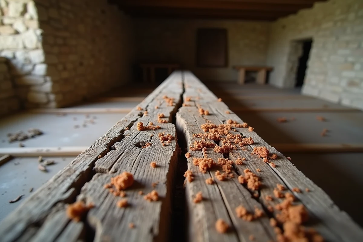Solive en bois fortement dégradée par le capricorne des maisons dans une vieille maison en pierre avec traces de galeries et sciure
