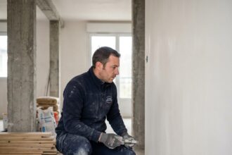 Technicien CMS France inspectant un mur rénové dans un appartement parisien en cours de rénovation