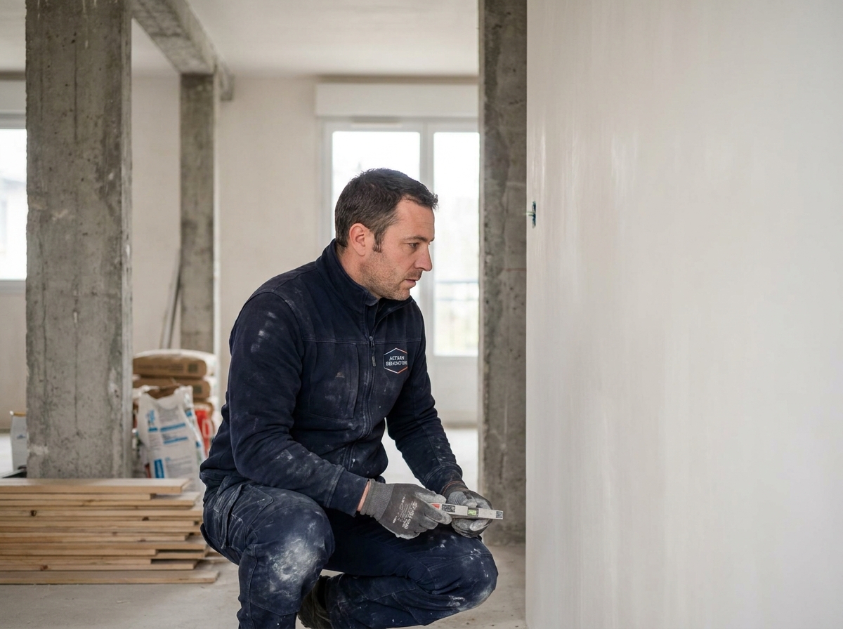 Technicien CMS France inspectant un mur rénové dans un appartement parisien en cours de rénovation