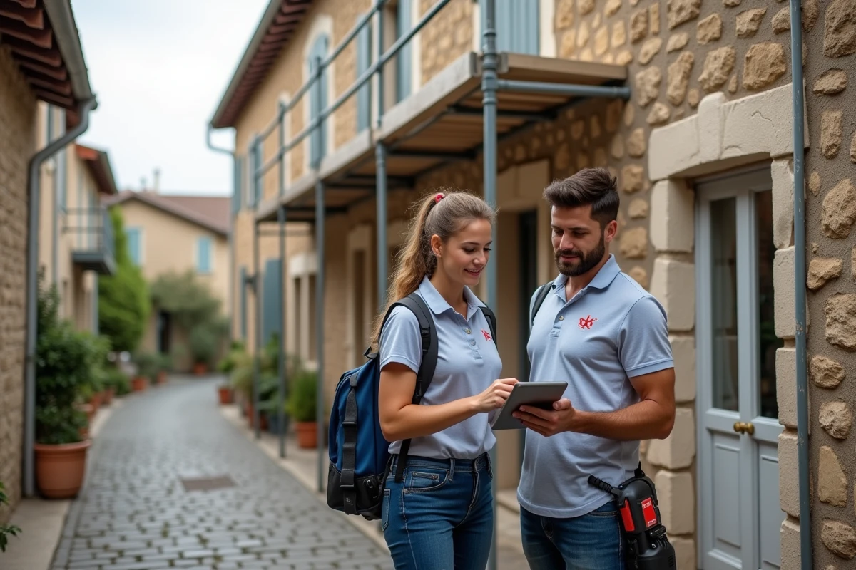 Deux techniciens évaluant un chantier de rénovation globale sur une maison de village en Occitanie