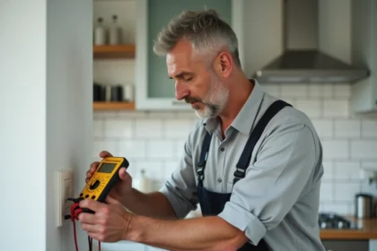 Électricien testant une prise murale avec un multimètre numérique dans une cuisine moderne