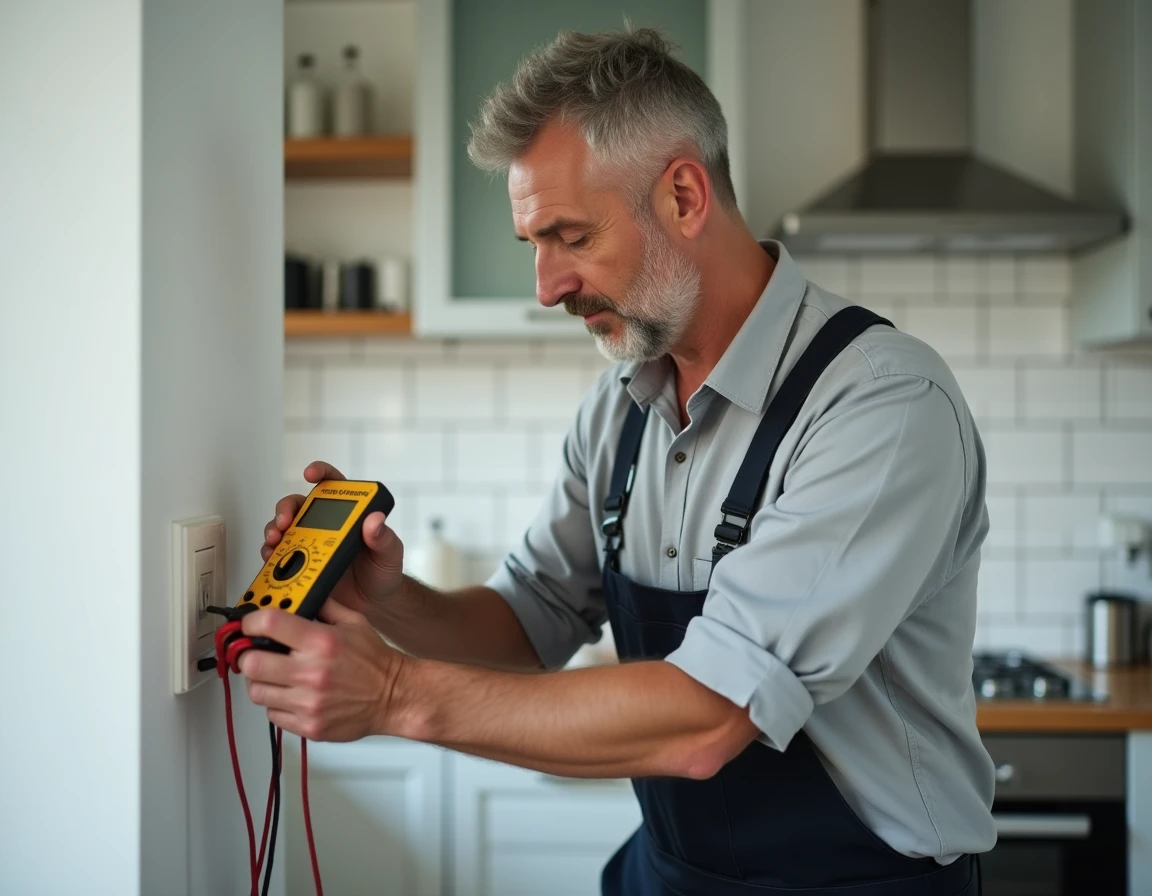 Électricien testant une prise murale avec un multimètre numérique dans une cuisine moderne